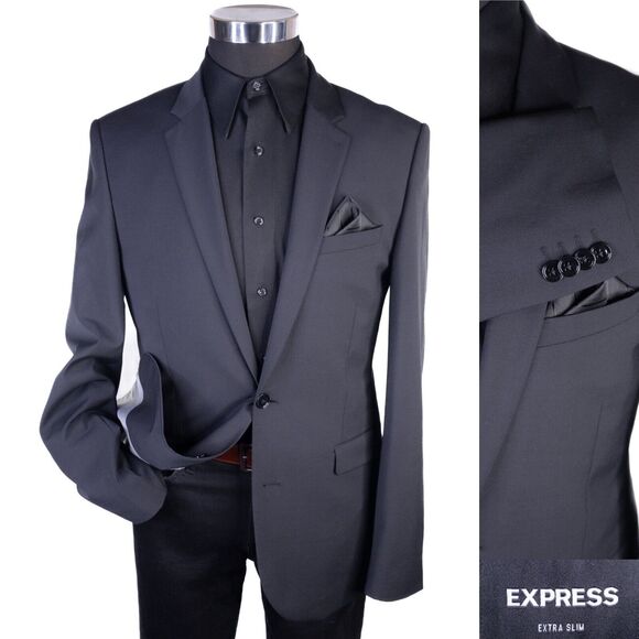 Express Men's Sport Coat Blazer Two Button Solid Black Wool Blend EXTRA SLIM 39L - Picture 1 of 14